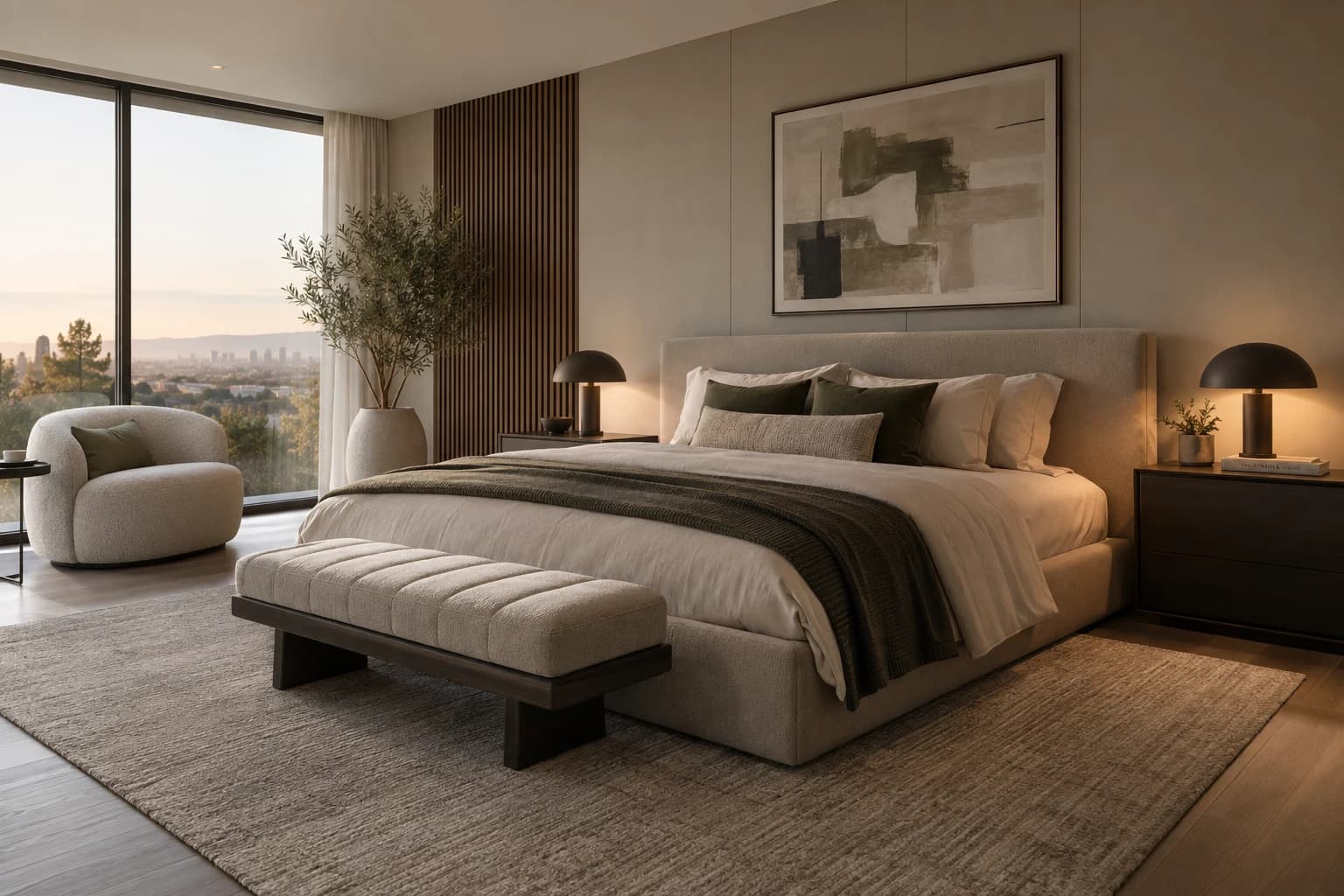 Main bedroom at dusk, low pendants, view over the hills, interior render