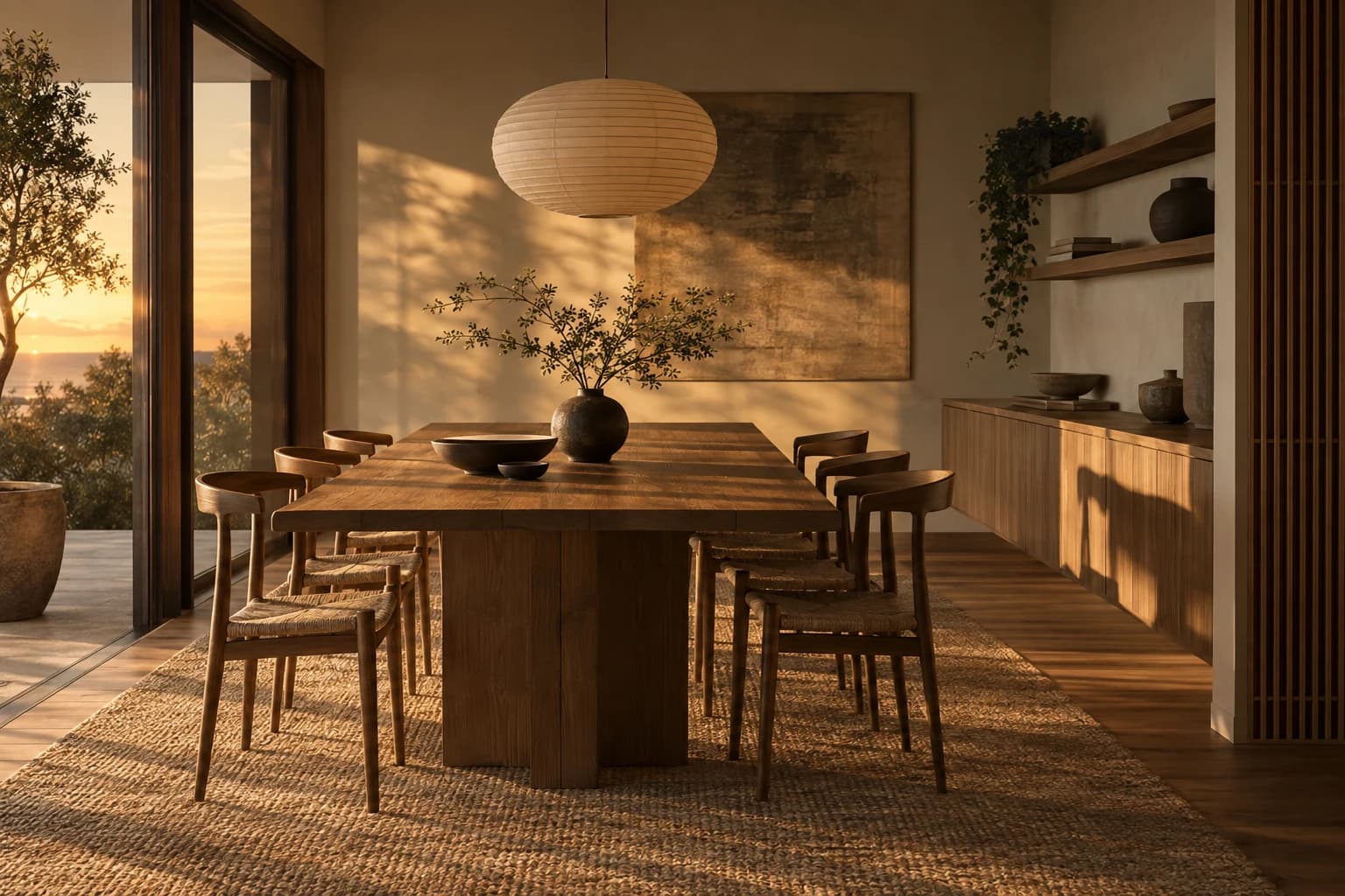 Japandi dining room, low golden-hour sun, interior render