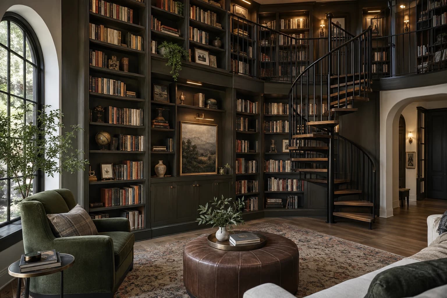Home library wrapped around a spiral stair, interior render