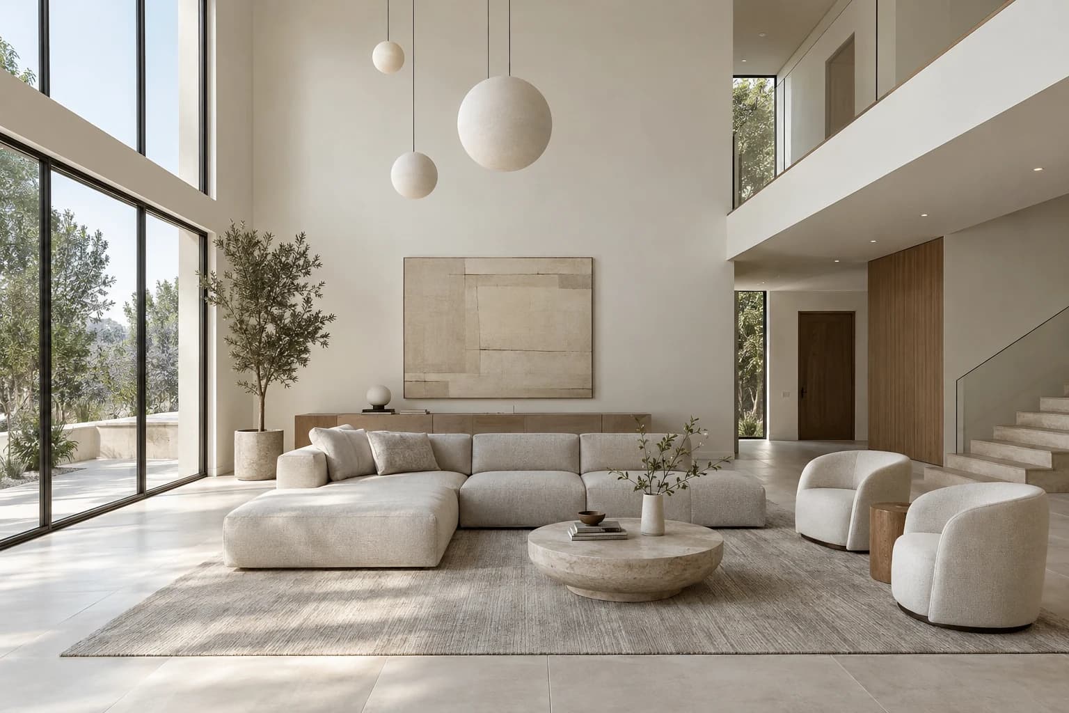 Minimal living room under a double-height void, interior render