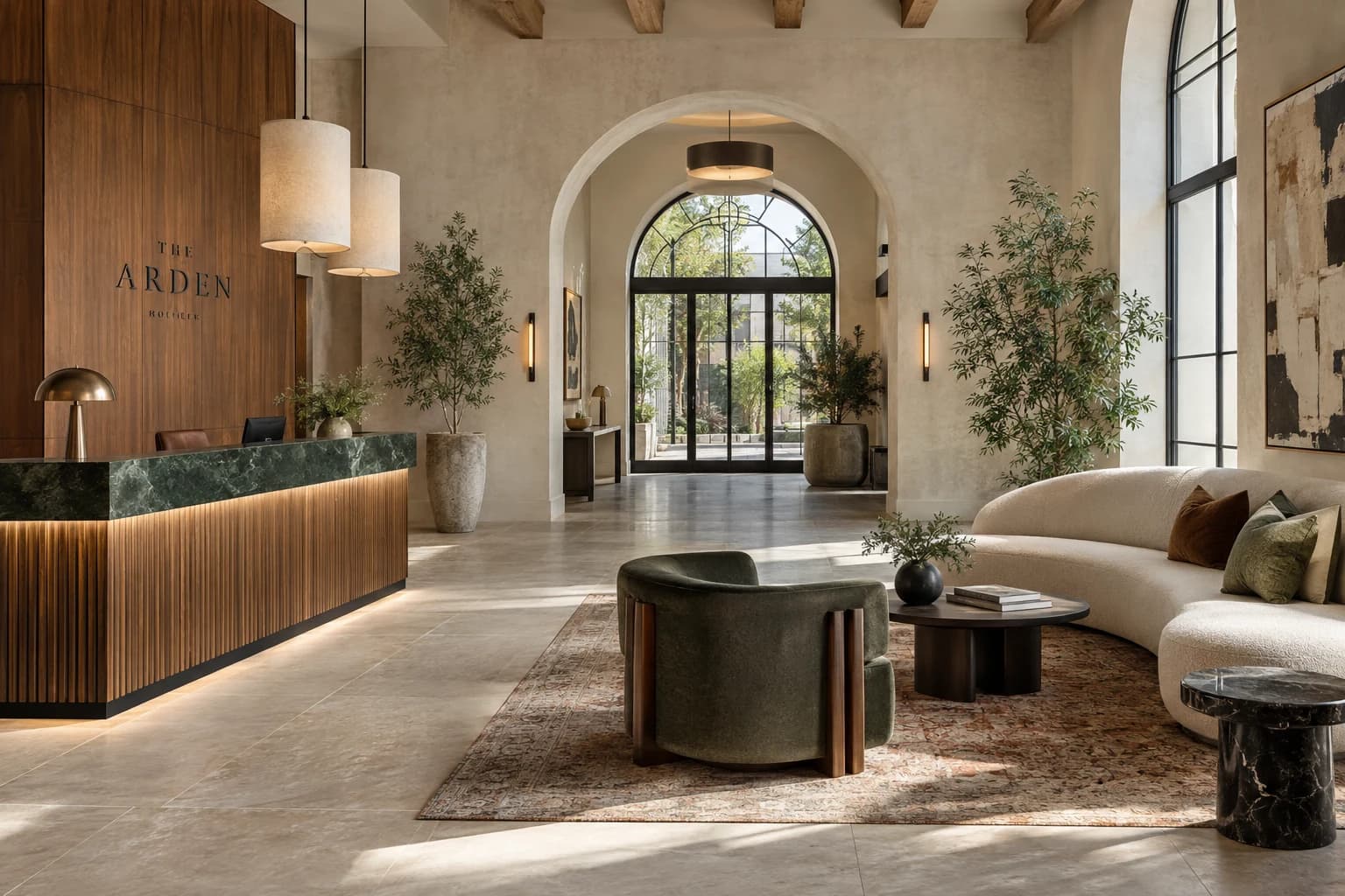 Boutique hotel lobby, plaster arches, green marble desk, interior render