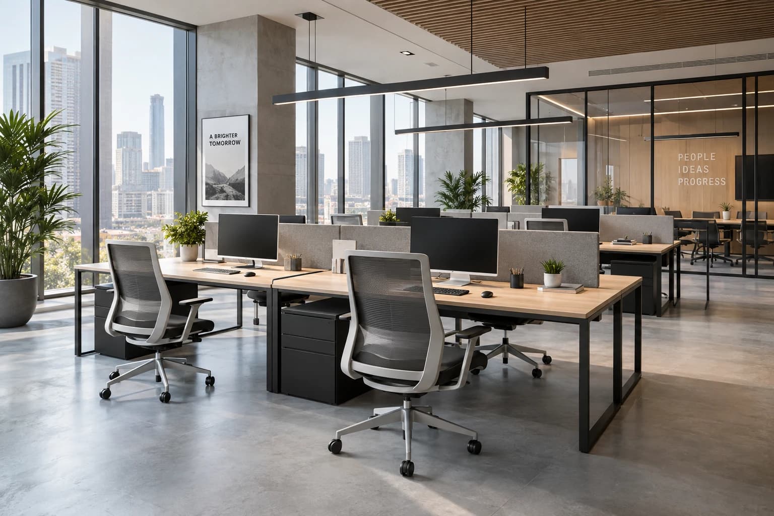 Open office floor with full-height glazing, interior render