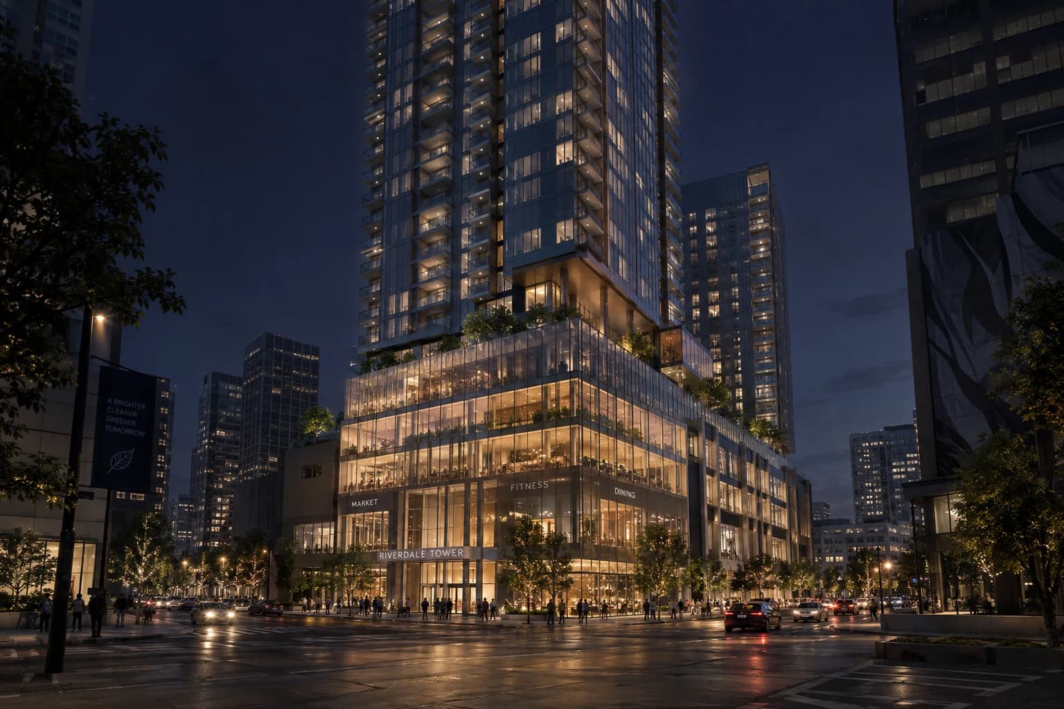 Mixed-use tower at night, exterior render